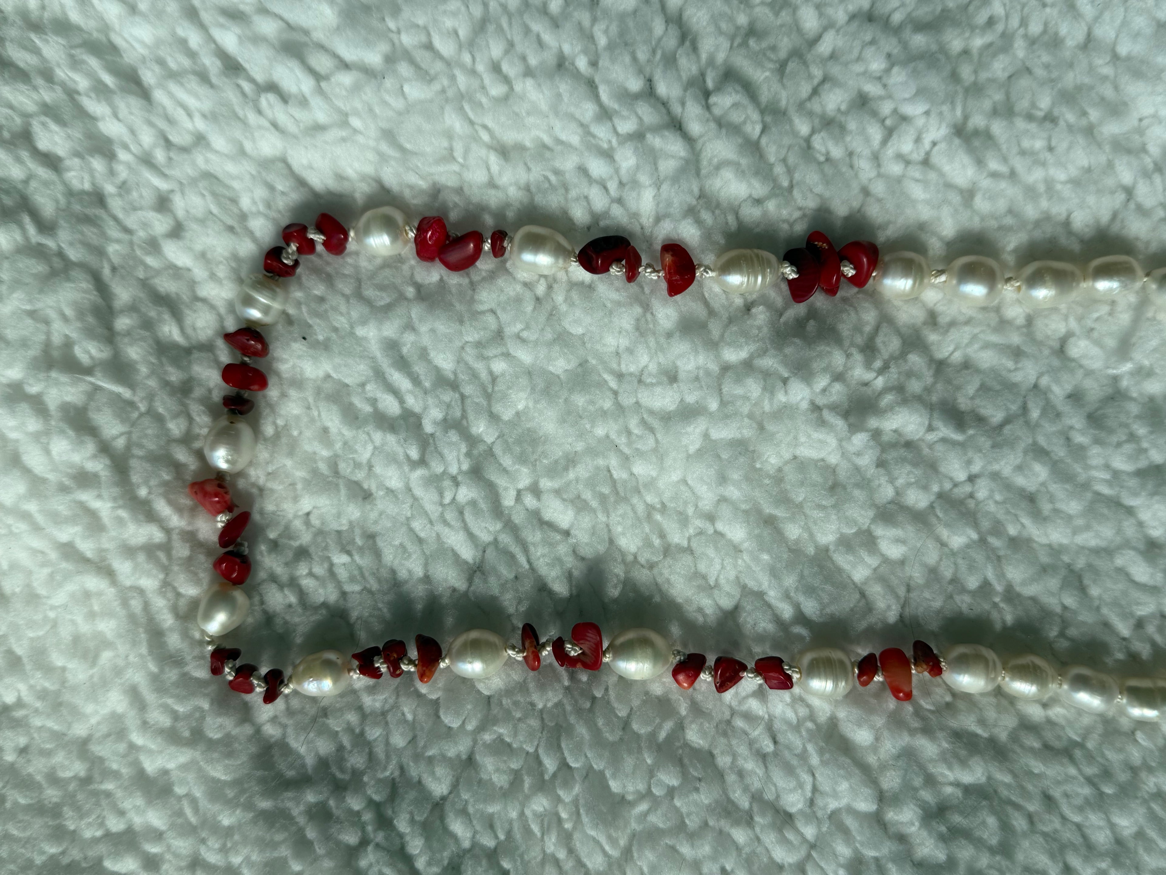 Pearl and raw carnelian beaded necklace