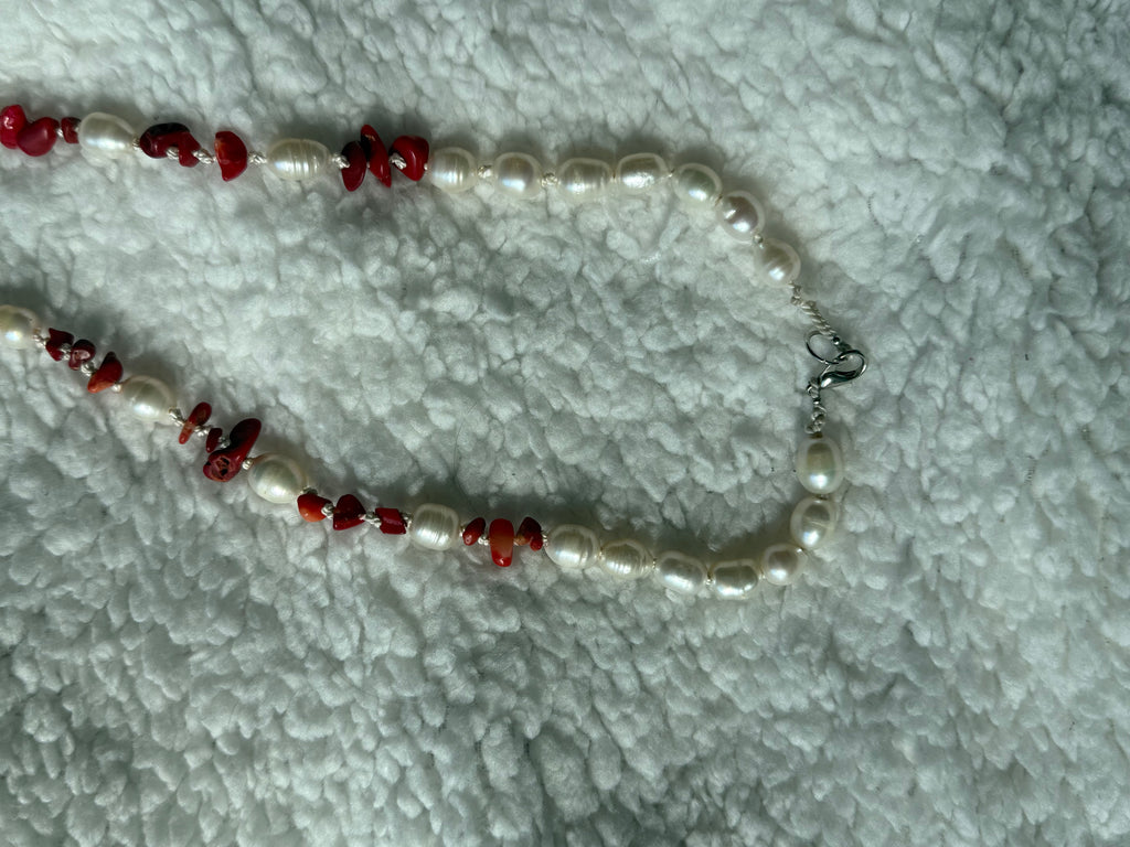 Pearl and raw carnelian beaded necklace