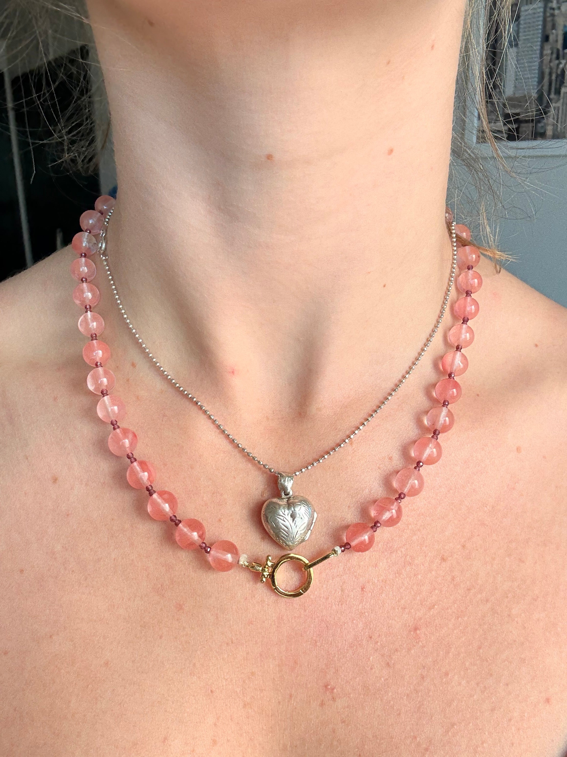Rose quartz and micro garnet necklace