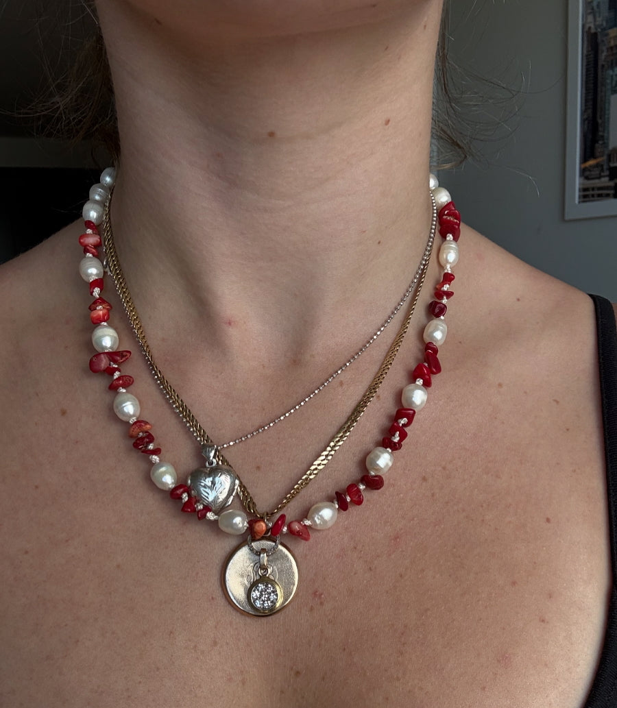 Pearl and raw carnelian beaded necklace