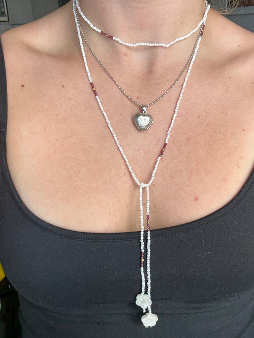 Mother of pearl, garnet and gold wrap lariat necklace