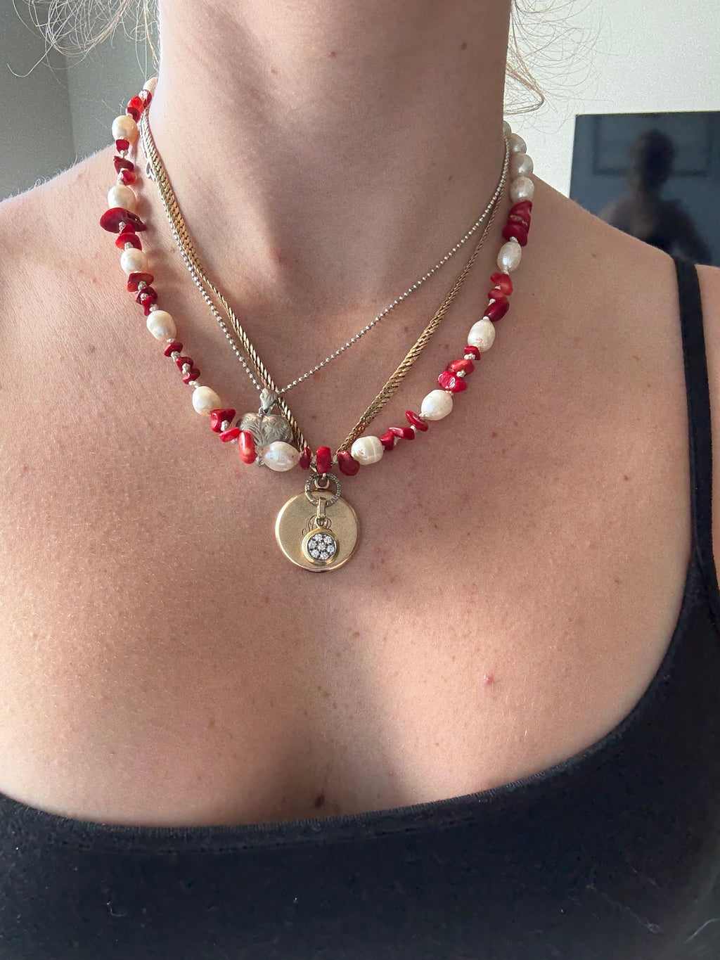 Pearl and raw carnelian beaded necklace