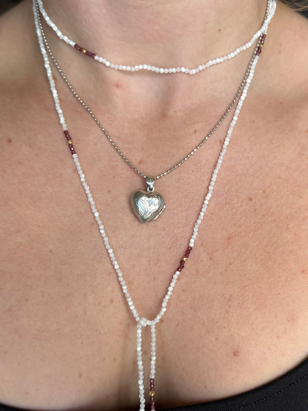 Mother of pearl, garnet and gold wrap lariat necklace