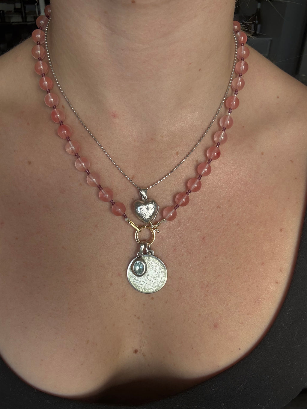 Rose quartz and micro garnet necklace